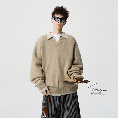 老钱风灰色假两件V领针织毛衣男