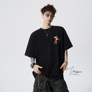V37美式 男夏潮牌设计感宽松廓形休闲T恤 彩色小马印花黑色圆领短袖