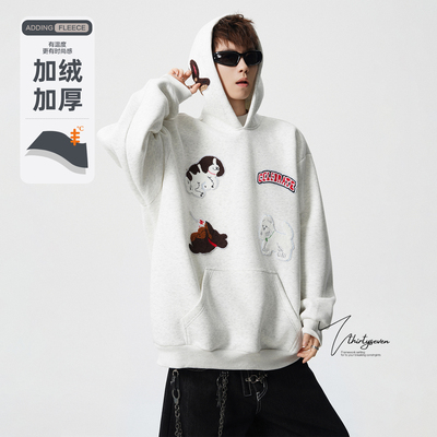美式重磅大码刺绣连帽卫衣男