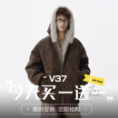 V37美式高街痞帅座山雕PU皮棉衣男冬季重磅加厚保暖毛领连帽外套
