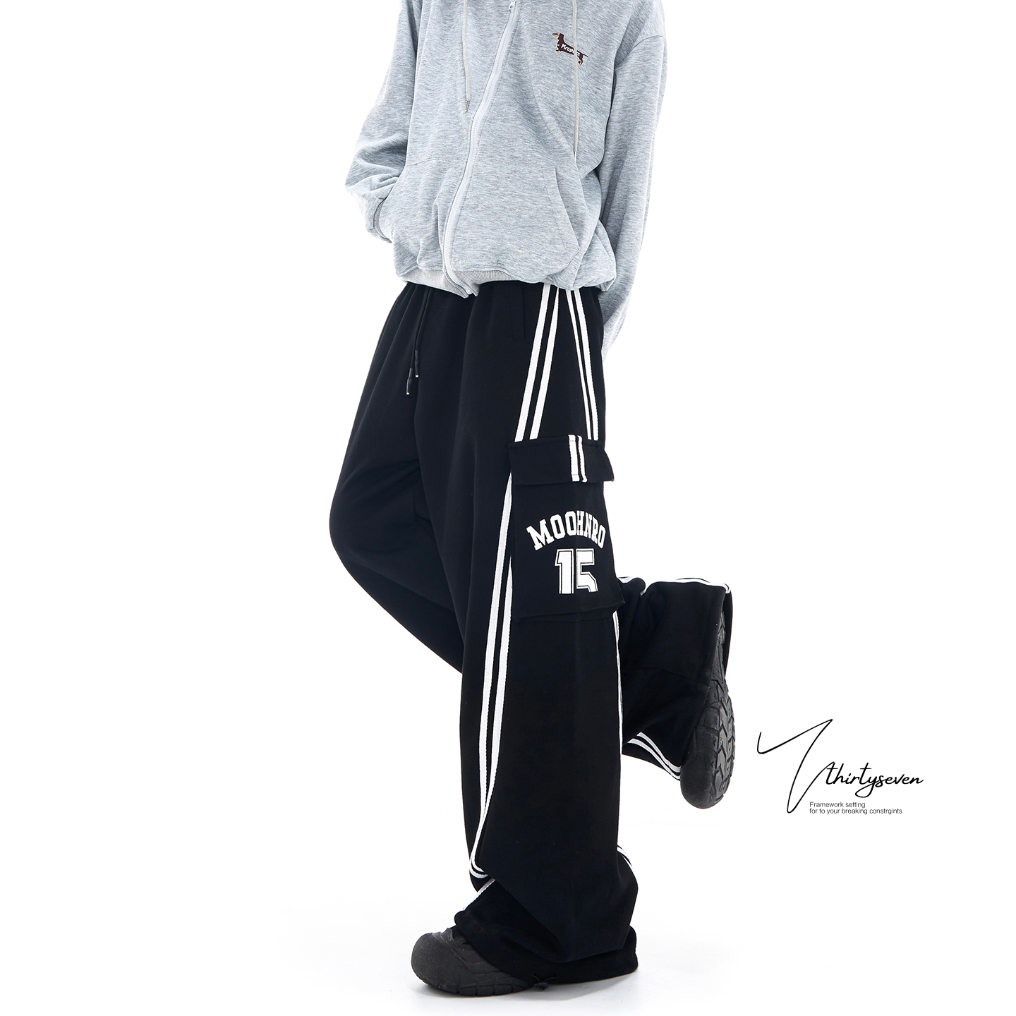 美式黑色大口袋工装裤男秋季