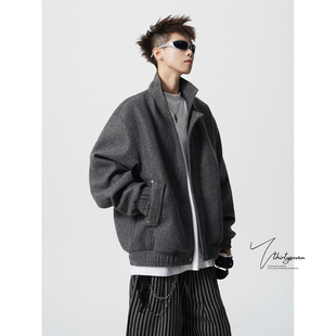 V37美式 夹克男秋老钱风复古纯色立领毛呢外套 高级感重磅boxy短款