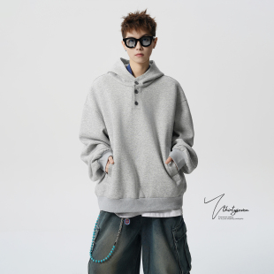 外套小众设计感情侣休闲上衣 重磅boxy短款 美式 高领纽扣卫衣男秋季