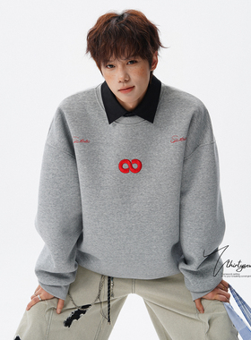 V37美式潮牌刺绣加绒保暖圆领卫衣男冬季加厚麻灰色长袖套头上衣