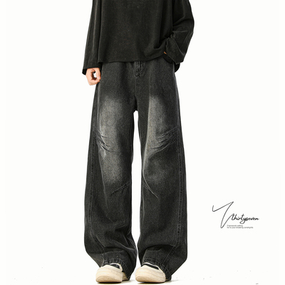 美式立体解构剪裁弯刀牛仔裤男