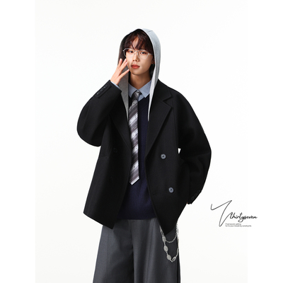 韩系双排扣假两件短款毛呢大衣