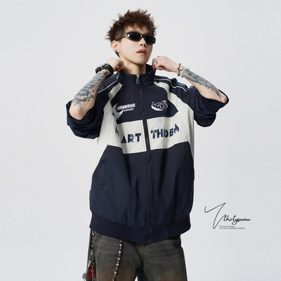 美式字母印花撞色立领机车夹克