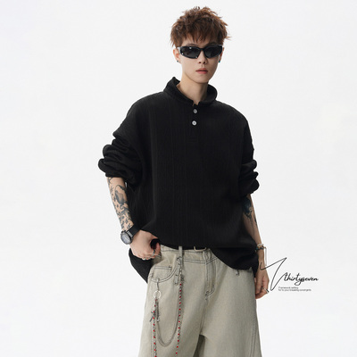 美式慵懒几何纹设计黑色翻领卫衣