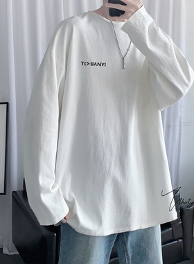 青少年白色长袖打底衫男秋美式字母印花圆领T恤纯棉百搭情侣卫衣