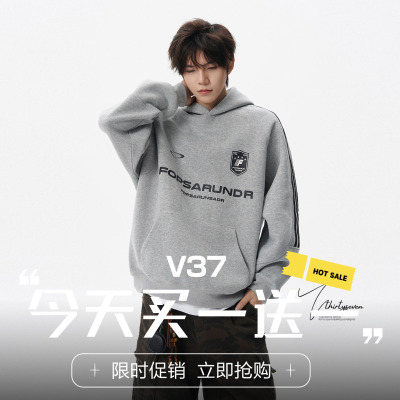 美式复古三条杠连帽卫衣