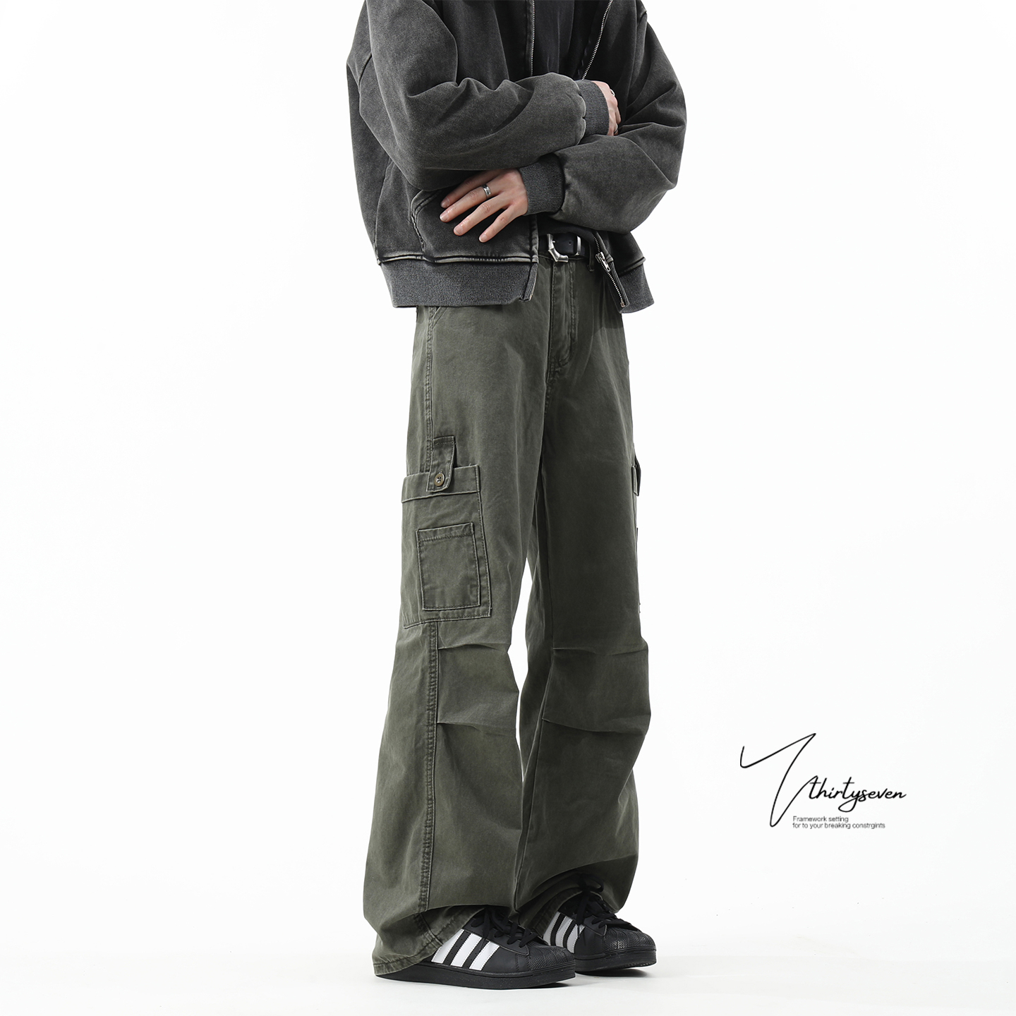 美式洗褪绿多口袋伞兵工装裤