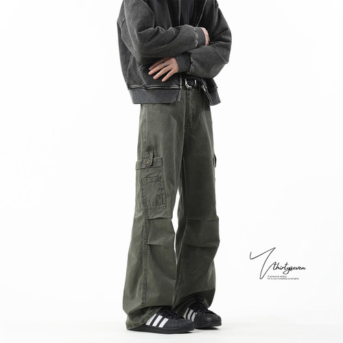 美式洗褪绿多口袋伞兵工装裤