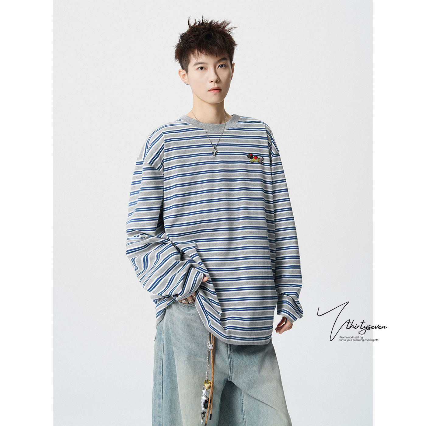 美式松弛感条纹撞色圆领卫衣男