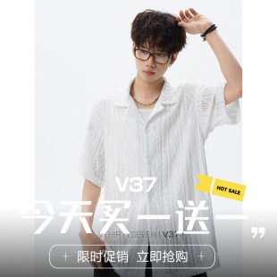 V37美式白色镂空短袖衬衫男夏透气宽松衬衣cleanfit情侣半袖上衣