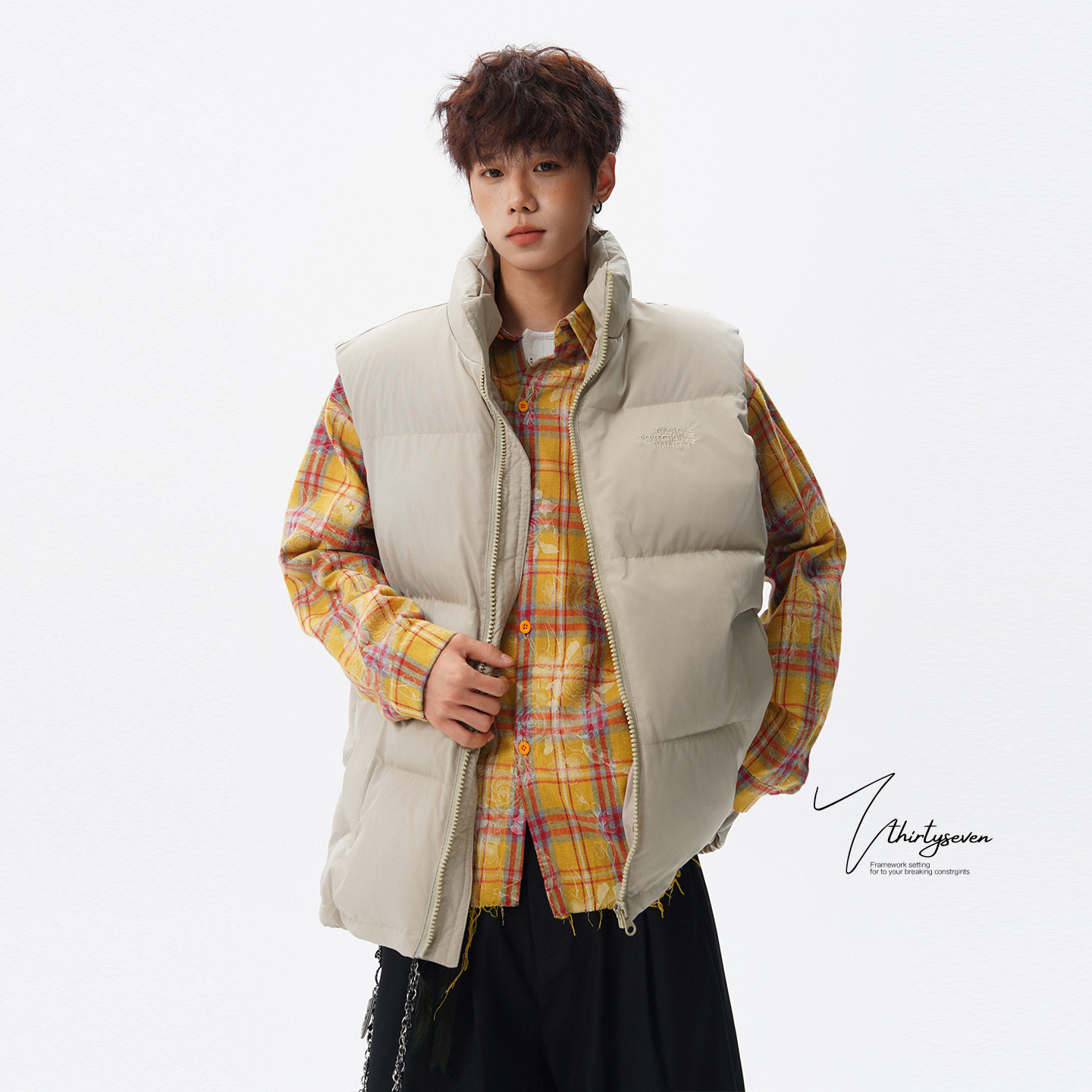 美式休闲设计感立领坎肩棉服男