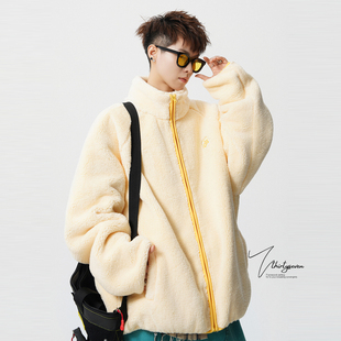 V37美式慵懒风摇粒绒棉服开衫外套男款冬季潮牌纯色加厚保暖棉衣