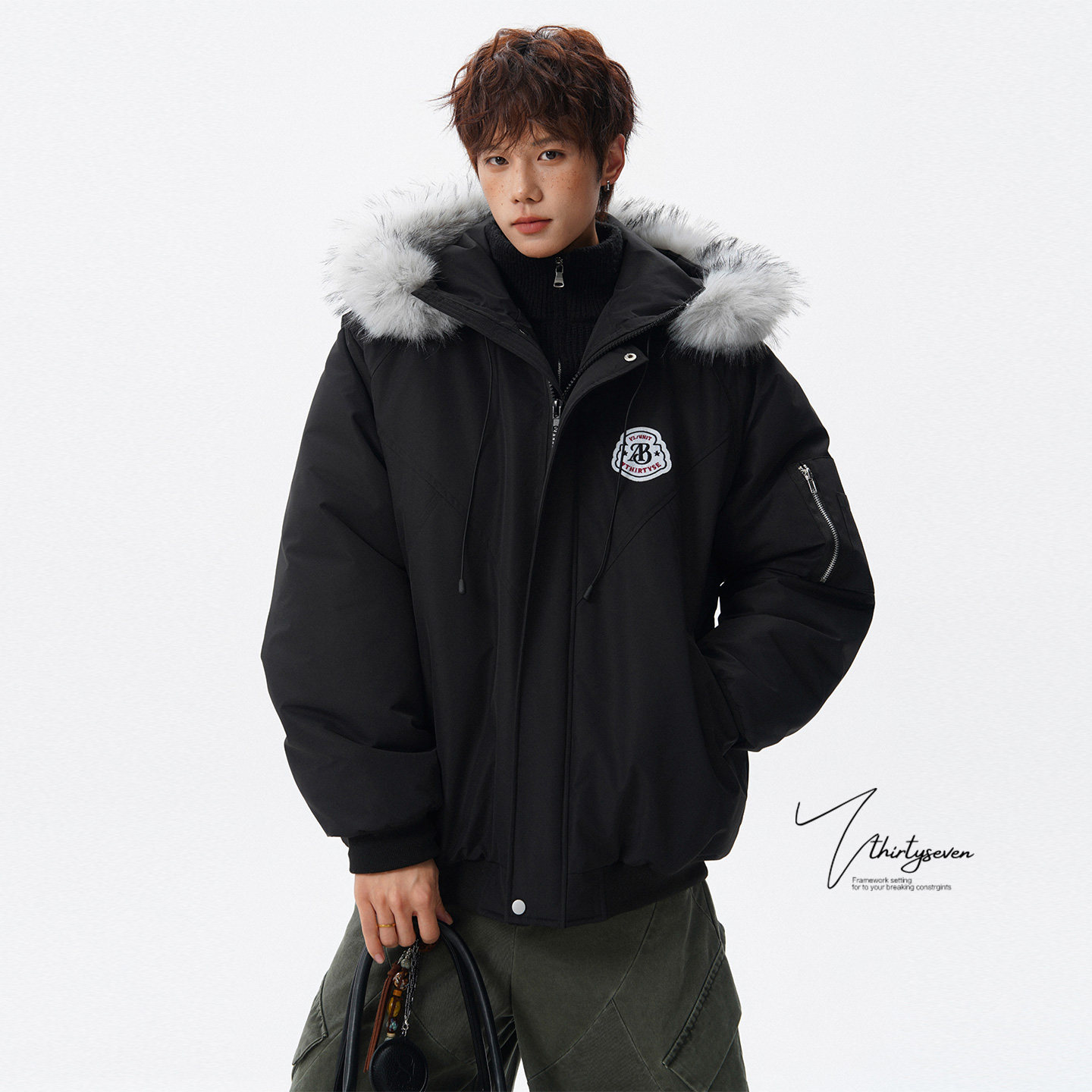 美式潮牌氛围感毛领徽章派克服