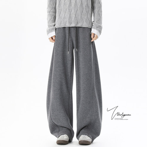 V37美式慵懒风灰色大码阔腿裤