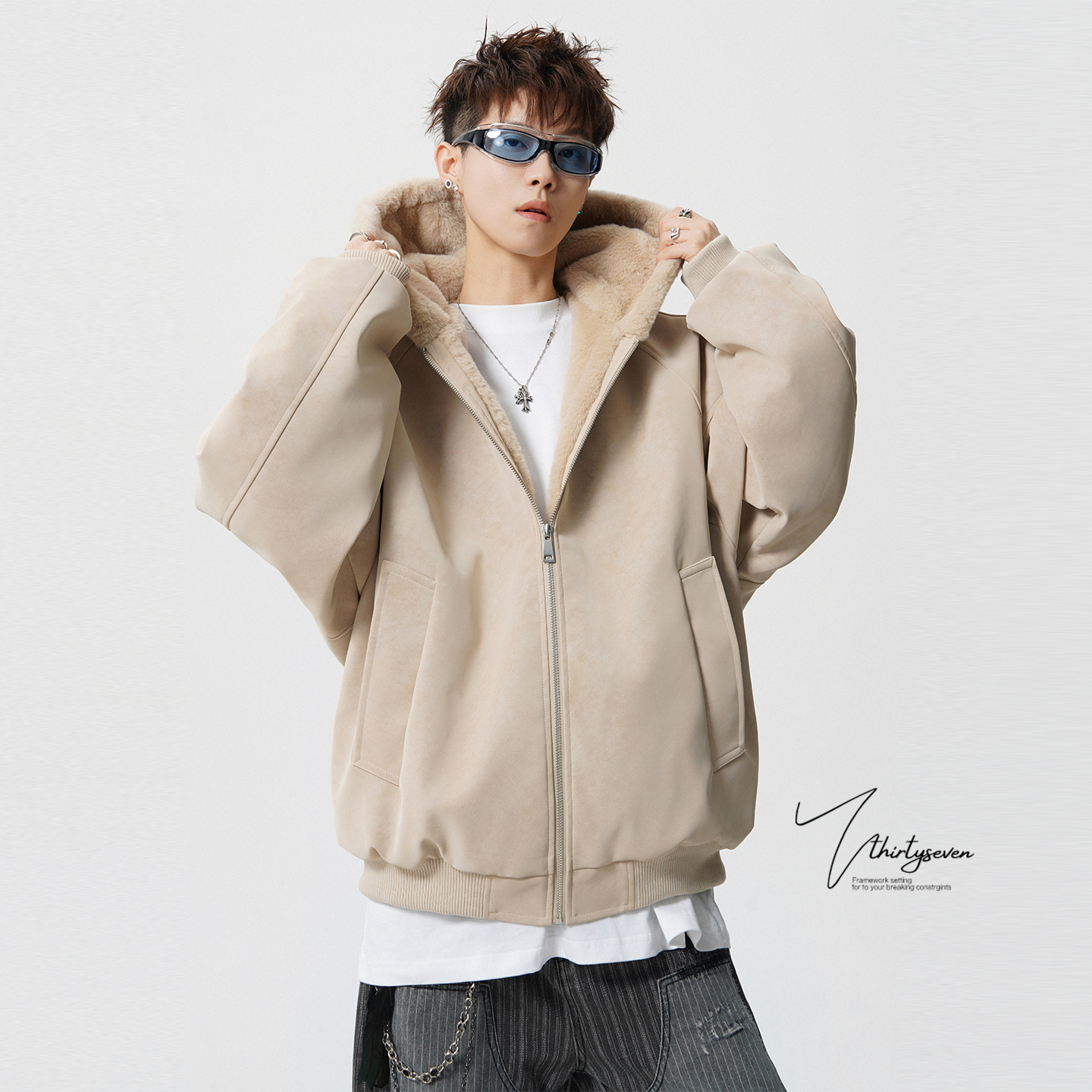 美式重磅加绒加厚毛领皮棉衣男