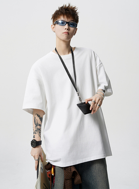 V37美式白色纯棉300g重磅落肩短袖t恤男2026新款秋季宽松半袖衣服