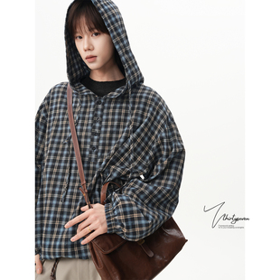 潮牌vintage休闲格子外套 男春季 V37美式 慵懒半开襟亨利领连帽衬衫