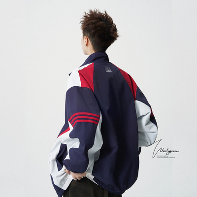 V37美式潮流撞色拼接立领夹克