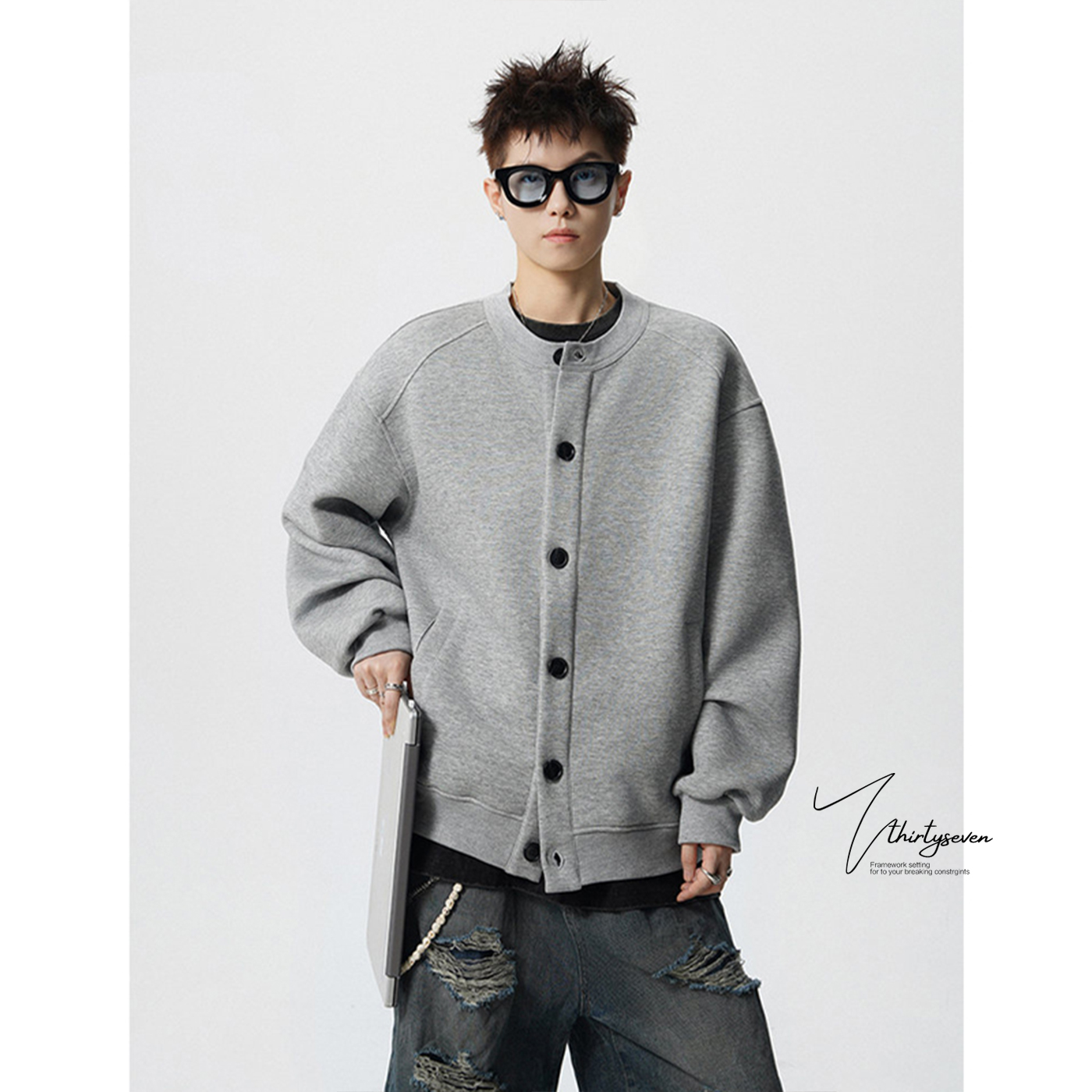 V37美式简约纽扣开衫卫衣男秋百搭纯色运动外套休闲灰色情侣上衣