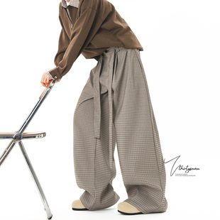 百搭显瘦拖地裤 男秋腰带设计阔腿裤 高街复古千鸟格休闲裤 V37美式