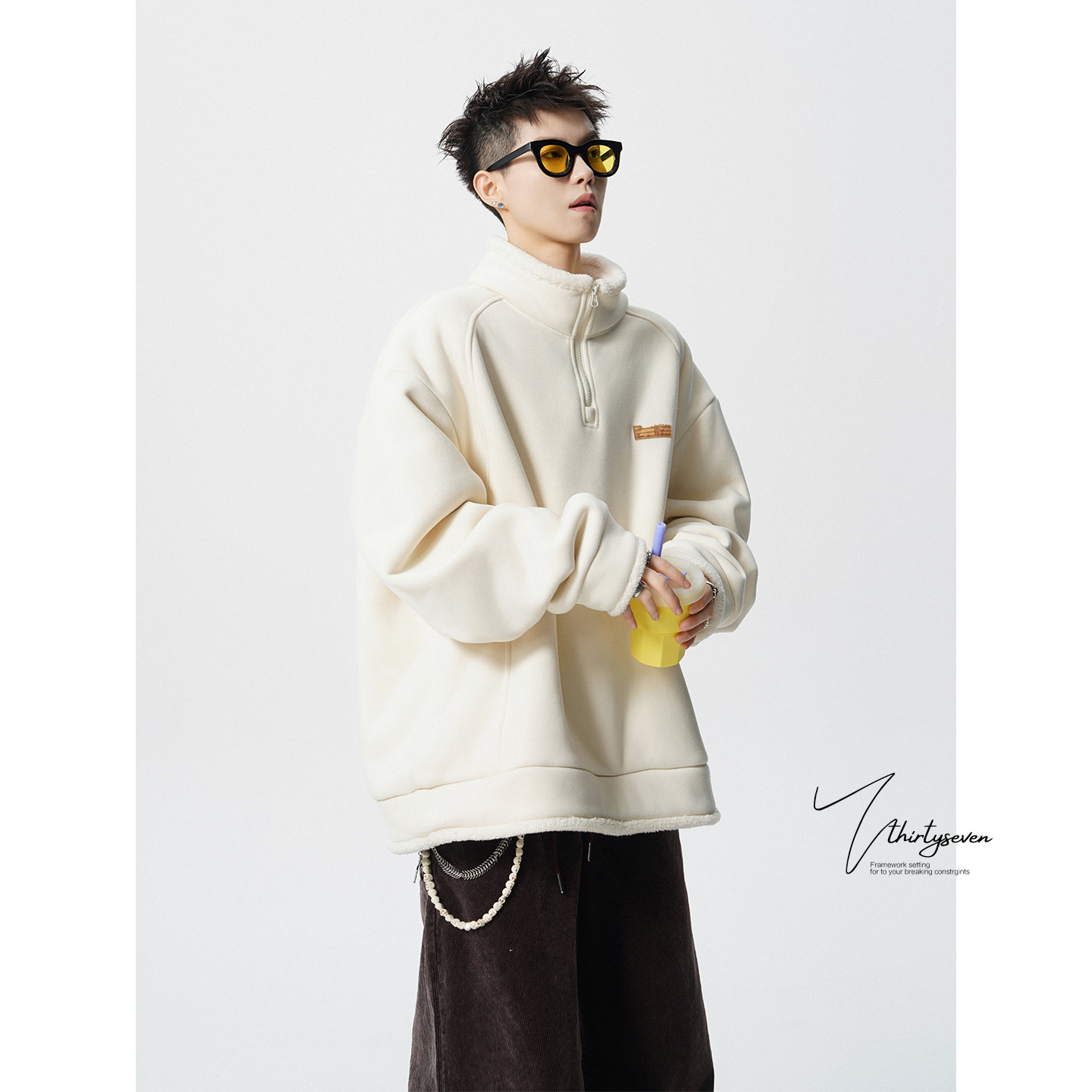 美式重磅可翻立领半拉链卫衣男