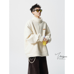 V37美式重磅可翻立领半拉链卫衣男款秋季潮牌慵懒风绒感加厚外套