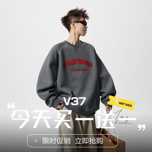 V37美式 高街vibe慵懒风情侣休闲上衣 复古字母印花圆领卫衣男春季