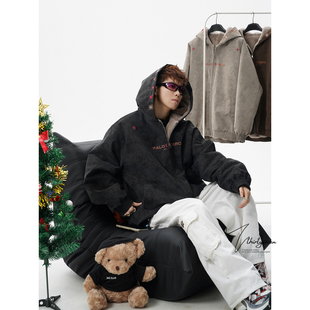 外套 重磅黑色潮牌情侣款 V37美式 民族风刺绣扎染PU连帽棉衣男冬季