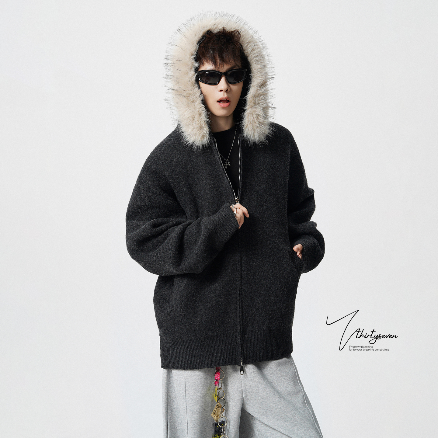 美式慵懒风chic毛领连帽针织衫男