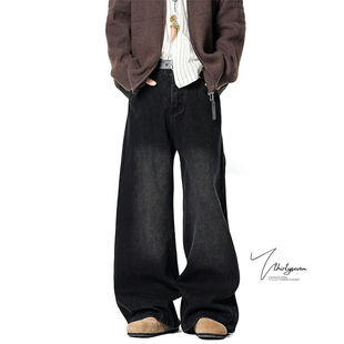 宽松阔腿直筒拖地长裤 男春季 复古做旧水洗黑色显瘦牛仔裤 V37美式