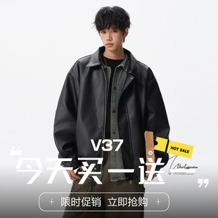 高街cleanfit翻领夹克外套 秋季 V37美式 高级感痞帅机车服皮衣男款