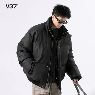 高街痞帅宽松休闲假两件棉衣潮 新款 V37美式 pu皮衣棉服外套男冬季
