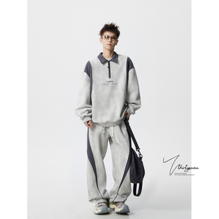 男秋季 套装 高街撞色运动休闲两件套 复古扎染半拉链POLO衫 V37美式