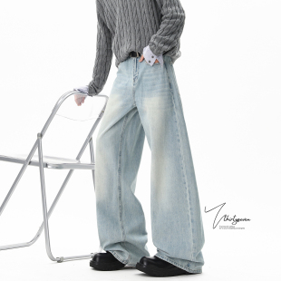 子 男冬潮牌街头做旧宽松阔腿裤 V37美式 cleanfit水洗蓝拖地牛仔裤