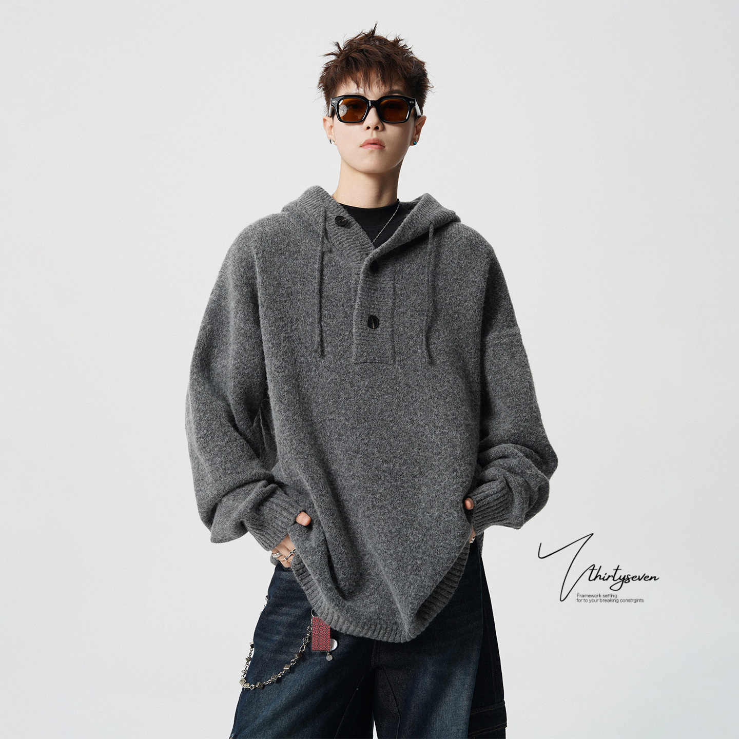 美式慵懒风大码灰色连帽针织衫男