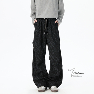 V37美式潮牌褶皱设计感休闲裤子男秋季复古扎染花纹抽绳阔腿长裤