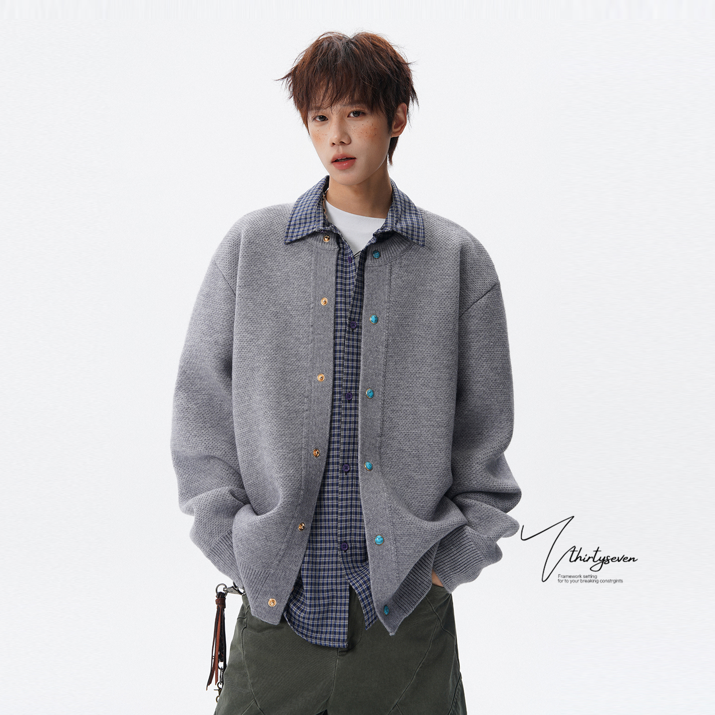 美式重磅绿松石按扣针织外套