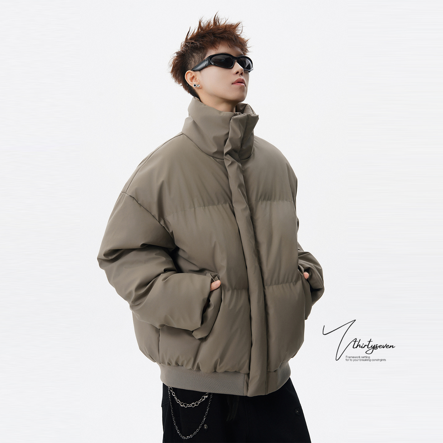 美式重磅廓形PU皮面包棉服男