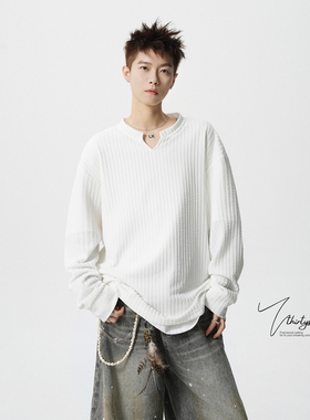 V37美式肌理感大码长袖打底衫男春潮牌青少年内搭V领运动休闲卫衣