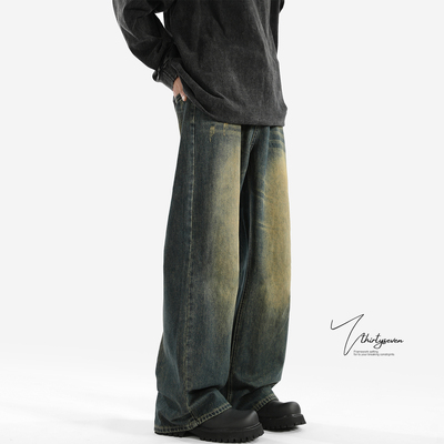 复古蓝做旧牛仔裤男秋