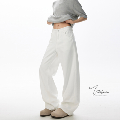白色宽松阔腿弯刀裤男美式复古