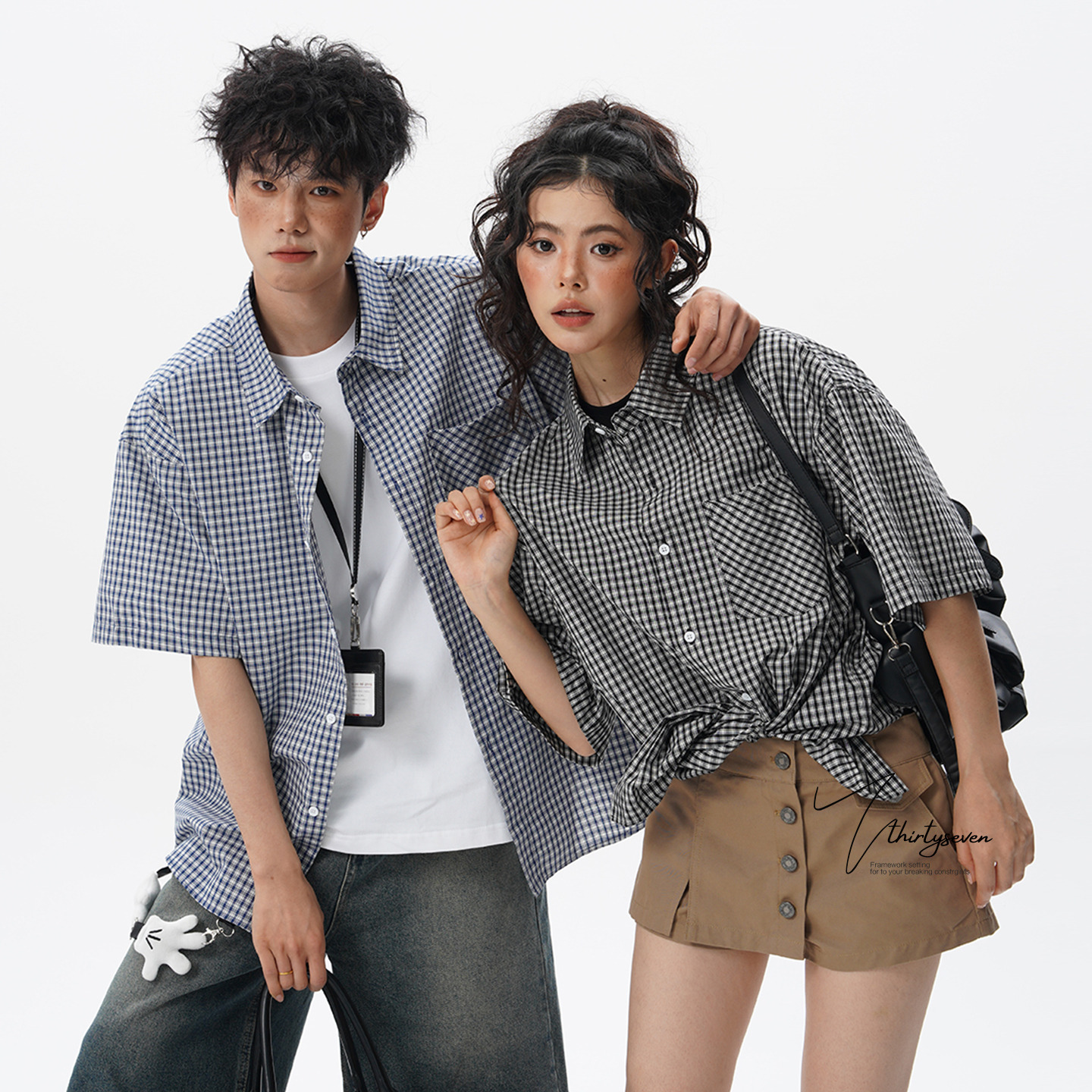 美式复古cleanfit格子短袖衬衫