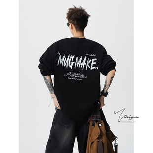 oversize纯棉打底衫 青少年痞帅长袖 港风字母印花T恤男春季 V37美式