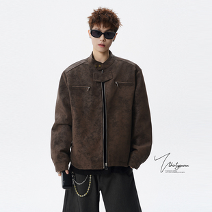 V37美式复古风立领机车夹克男春潮流高级感宽松工装外套情侣上衣