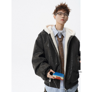 V37高级感蛇纹亮面羊羔绒保暖外套男冬美式 高街痞帅加厚连帽棉衣