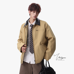 棉衣 高街痞帅巴恩风工装 V37美式 重磅PU皮拼接翻领夹克棉服男冬季